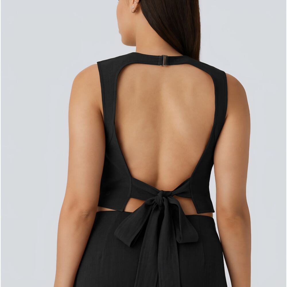Sz Med HALARA Black Linen-Texture Open Back Tie Sleeveless Round-Neck Blouse